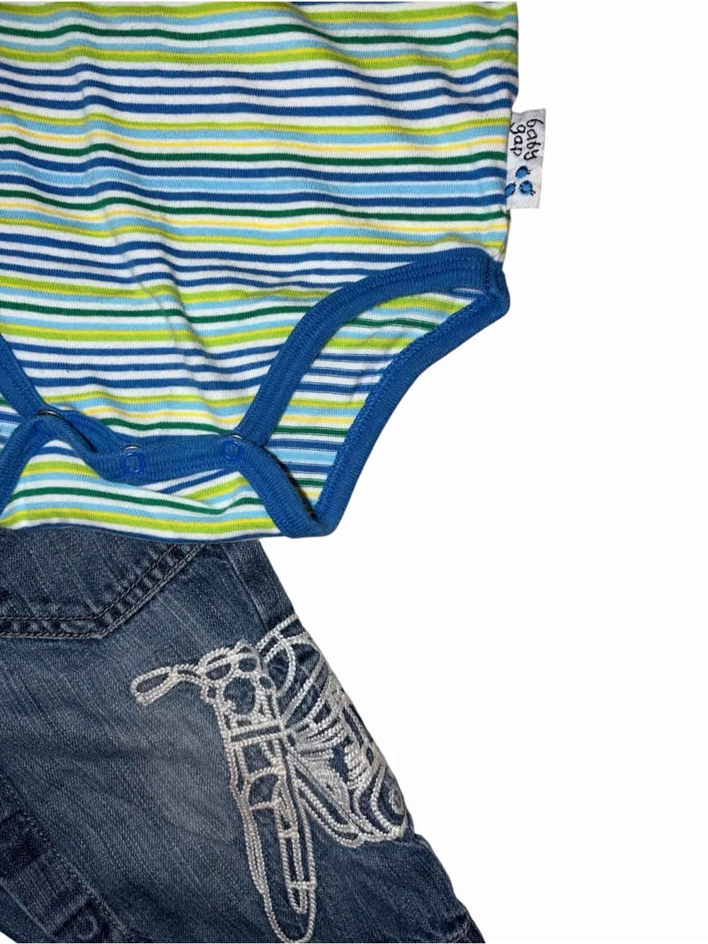 Vintage Y2K Baby Gap Boys 6-12M Motorcycle Jeans Striped Bodysuit 2pc Bundle
